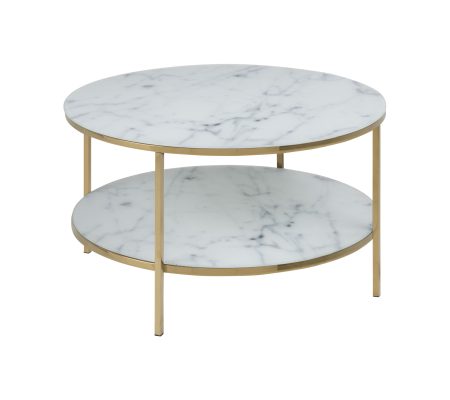 Bendt Ronde Salontafel 'Cay' Ø80cm met onderblad, Wit Marmer, onderstel goud