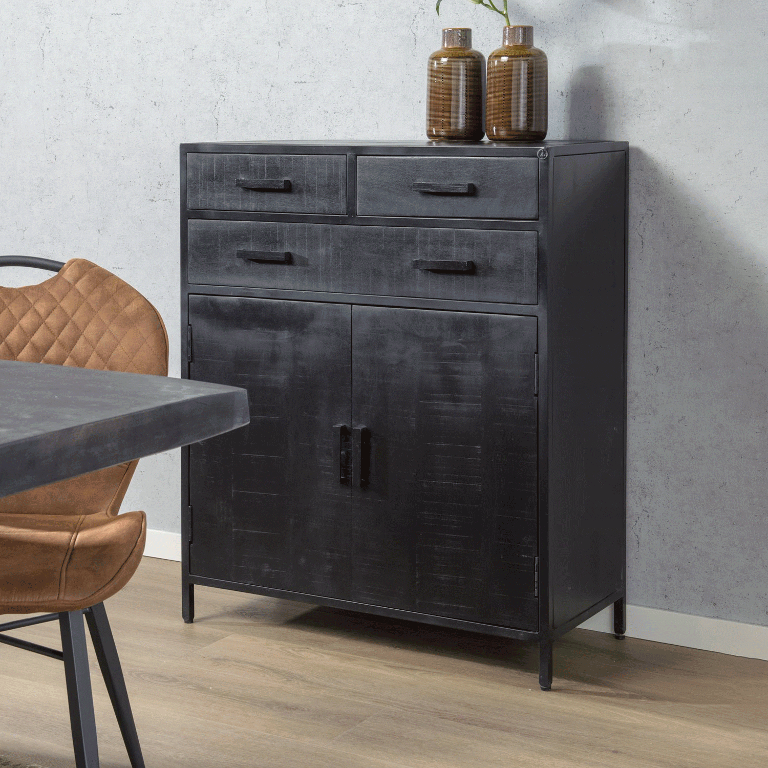 Livingfurn Opbergkast 'Kala' Mangohout en staal, 85cm, kleur zwart