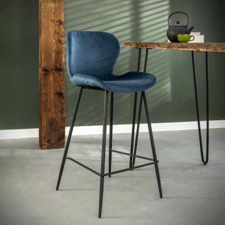 Barstoel 'Gael' Velvet, kleur Blauw (zithoogte 67cm)