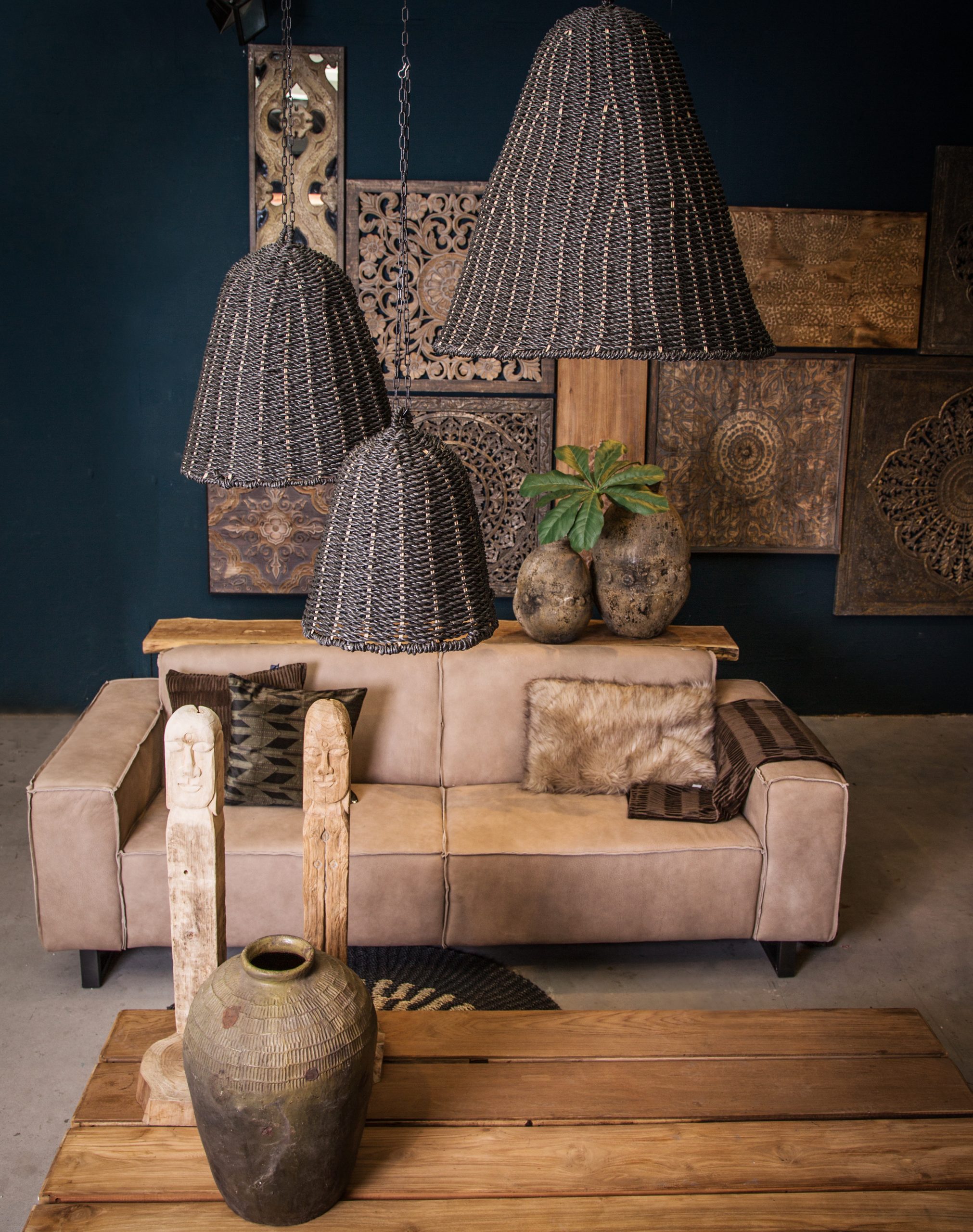 PTMD Lars Black L lampenkap van geweven zeegras