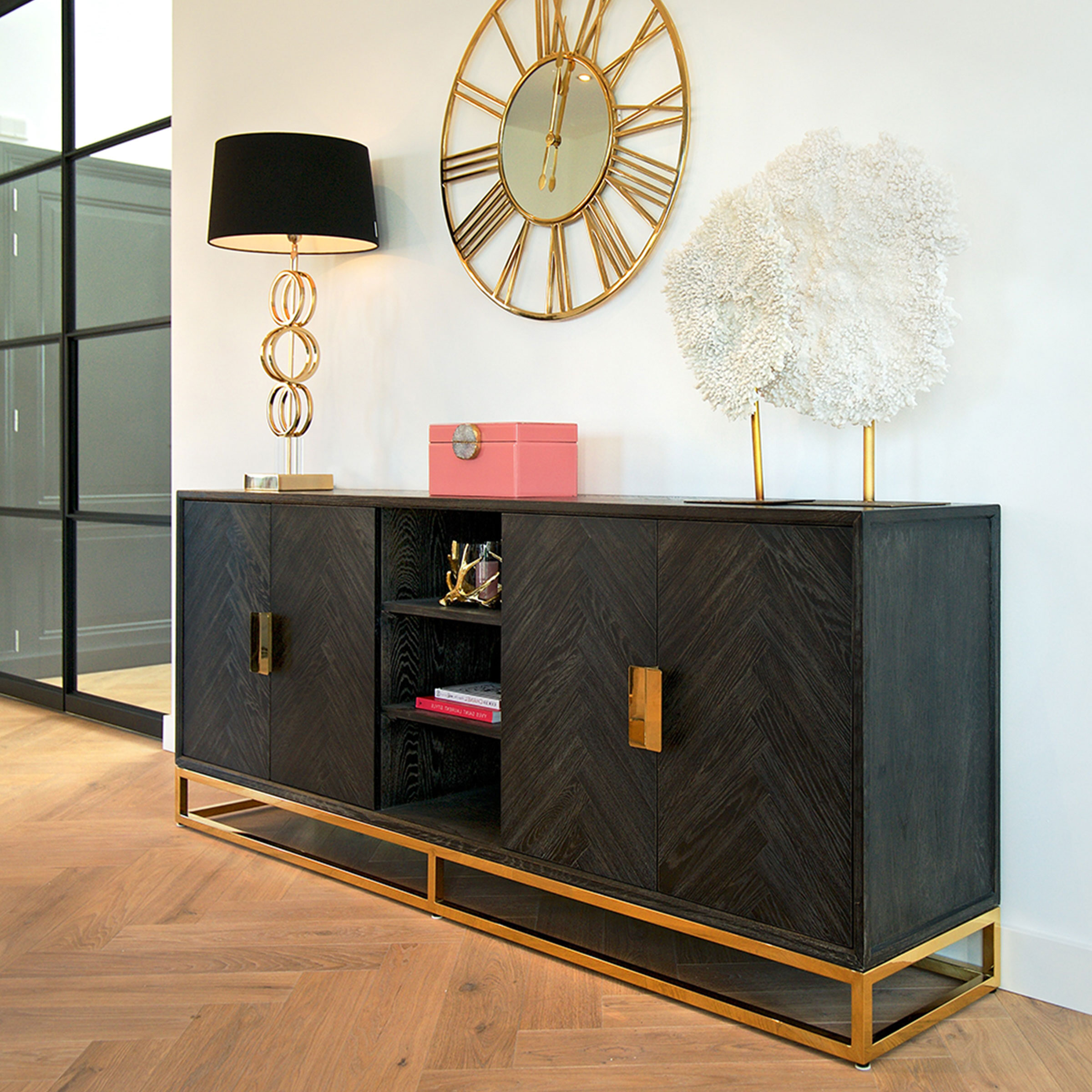 Richmond Dressoir 'Blackbone' Eiken, kleur Zwart / Goud, 225cm