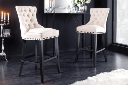 Design barkruk CASTLE beige zwart structuurmateriaal houten poten Chesterfield - 43217