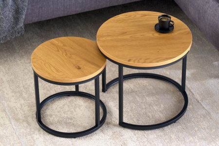 Ronde bijzettafels set van 2 ELEGANCE 45cm natuurlijk wild eiken design hout zwart metalen frame - 43643