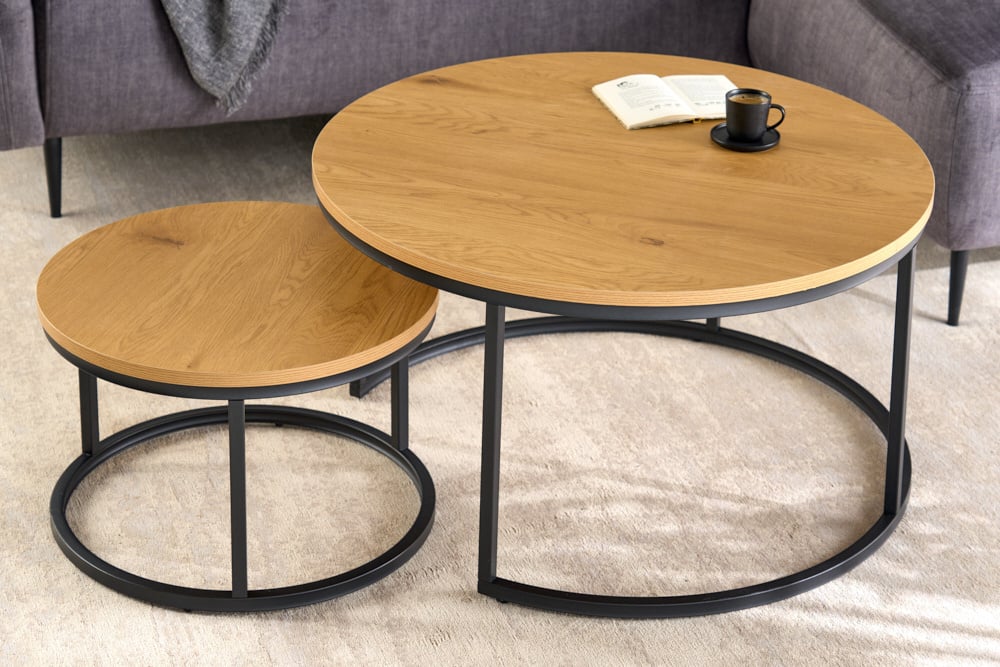 Set van 2 ronde salontafels ELEGANCE 80cm natuurlijk wild eiken design zwart metalen frame - 43642