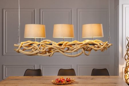 Design hanglamp VIGNE 160cm natuurlijk gerecycled massief hout handgemaakte linnen kap - 42991