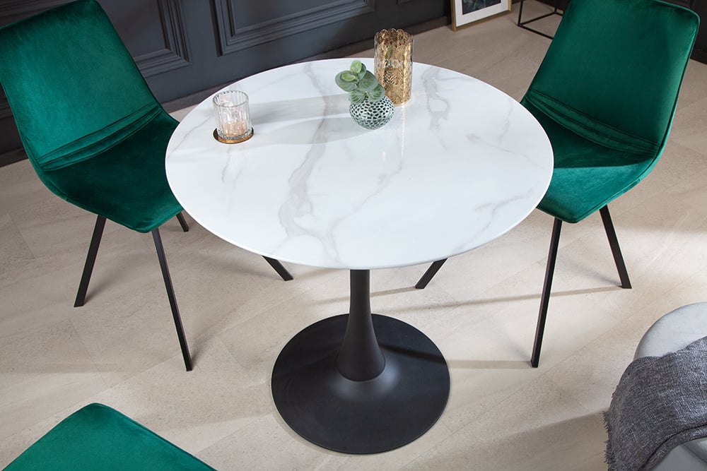 Ronde eettafel LYON 80cm wit glas marmer design zwart metalen onderstel - 41524
