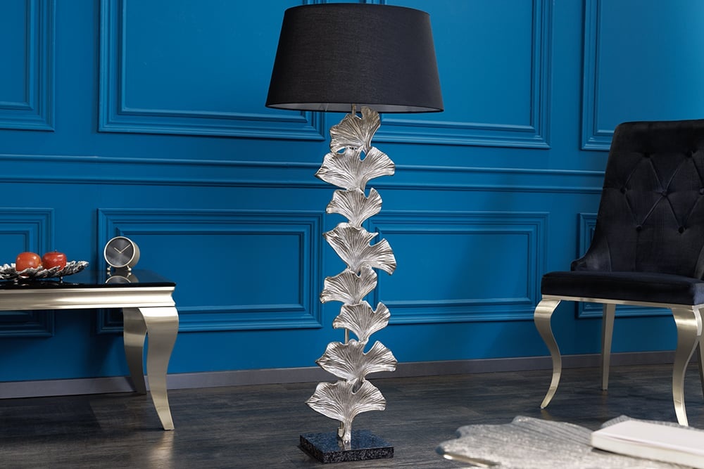 Design vloerlamp GINKGO 122cm zwarte stoffen kap zilveren metalen handgemaakte marmeren voet - 41695