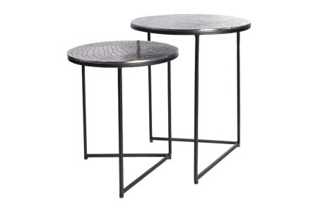 Ronde set van 2 bijzettafels ELEMENTS 40cm zilver antiek krokodillenmotief handgemaakt - 43494