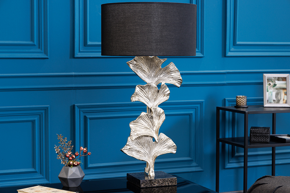 Design tafellamp GINKGO 70cm zwarte stoffen kap zilveren metalen handgemaakte marmeren voet - 41693