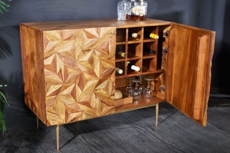 Massieve barkast ALPINE 90cm Sheesham steenafwerking metaal mat goud - 43450