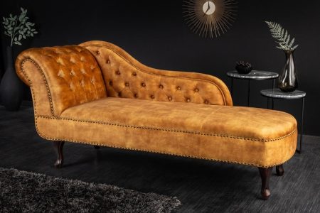 Design chaise longue CHESTERFIELD 170cm mosterdgeel fluwelen knoopsluiting klinknagels - 41252
