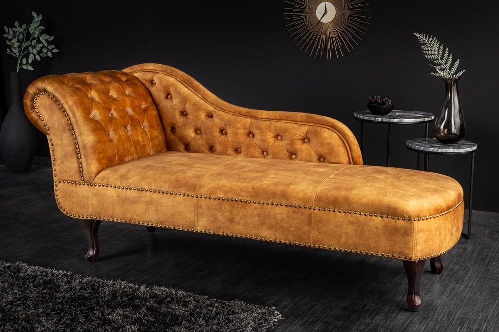 Design chaise longue CHESTERFIELD 170cm mosterdgeel fluwelen knoopsluiting klinknagels - 41252