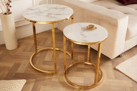 Set van 2 bijzettafels ELEGANCE 50cm wit kristalglas marmer design goud metaal verchroomd rond - 42197