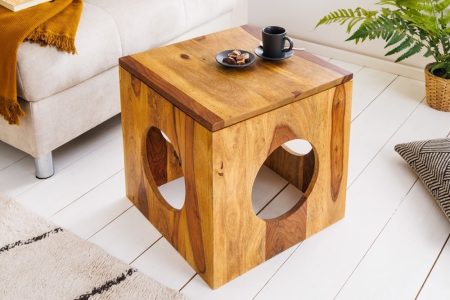 Stevige bijzettafel CUBUS 40 cm kruk met sheesham steenafwerking - 41139