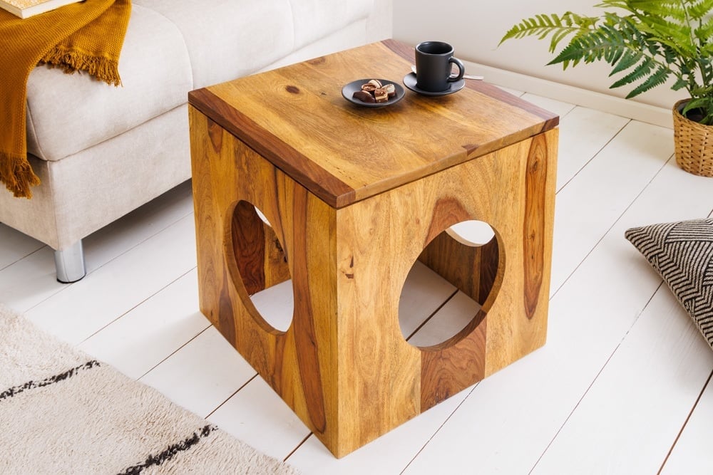 Stevige bijzettafel CUBUS 40 cm kruk met sheesham steenafwerking - 41139