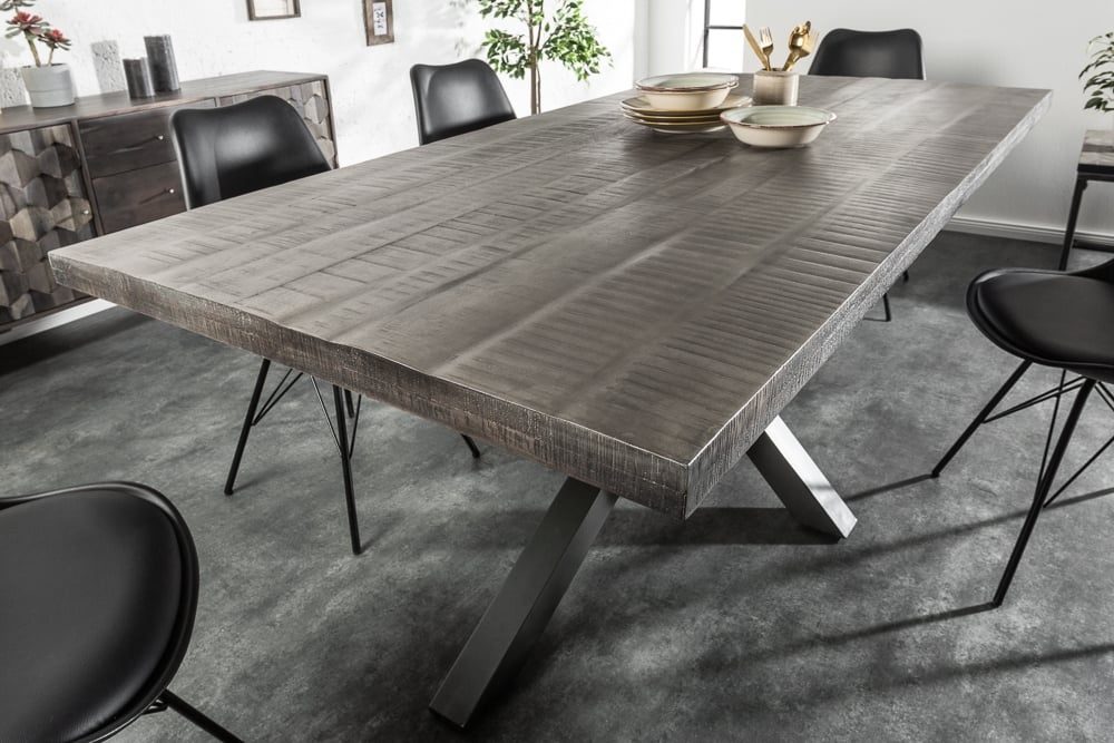 Massieve industrieele eettafel GALAXIE 200cm grijs mangohouten stervormig frame - 39442
