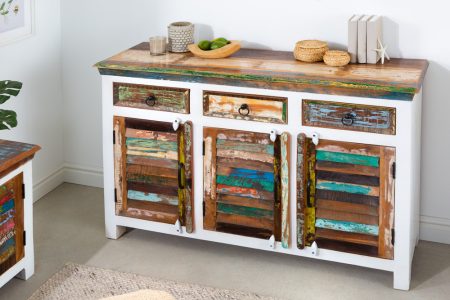 Uniek dressoir JAKARTA 124cm mangowit kleurrijk gerecycled massief hout van vissersboten - 42146