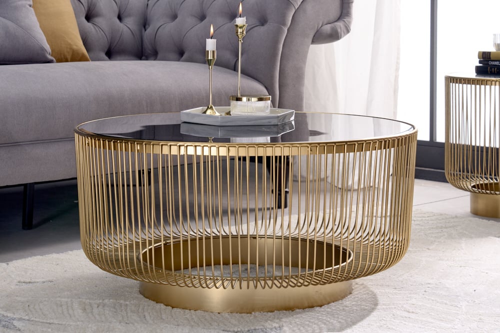 Ronde salontafel VARIATION 80cm goud metalen frame zwart glas handgemaakt vintage design - 43233