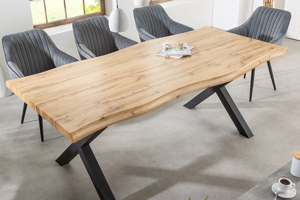 industrieele eettafel WILD 200cm naturel zwart wild eiken design boomrand hout metaal X-frame - 41329