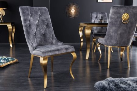 Elegante stoel MODERN BAROK grijs fluweel met gouden leeuwenkop - 42318