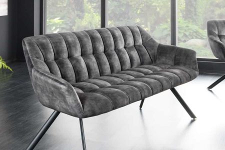 Eetkamerbank PAPILLON 165cm grijs fluweel met rugleuning zwart metalen frame - 43881