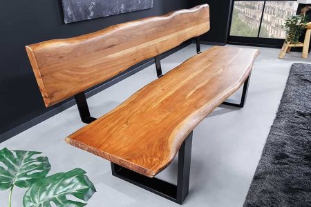 Massief houten bank MAMMUT 160cm natuurlijke acaciaboomrand met rugleuning zwart metalen frame - 43745