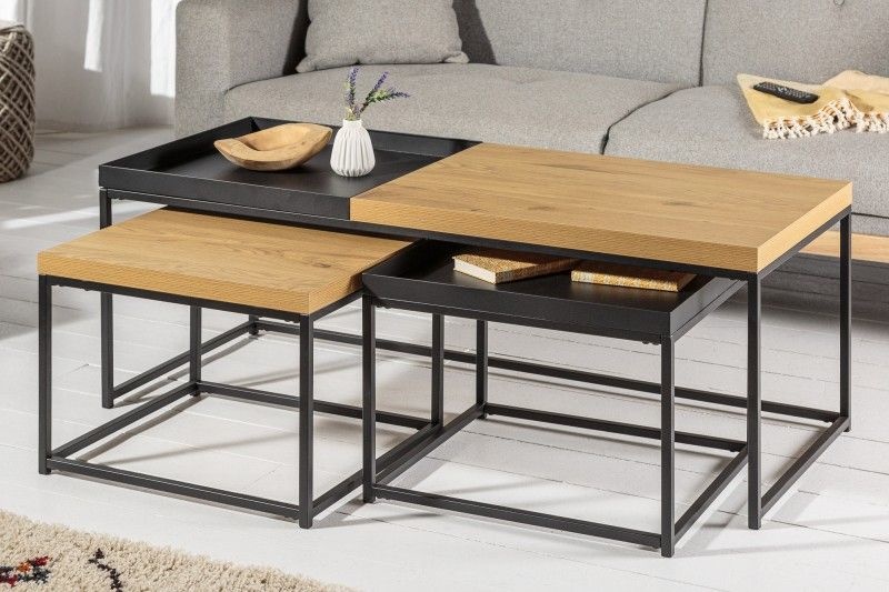 industrieele salontafelset van 3 LOFT 120 cm uitneembaar blad in eikenlook - 40623