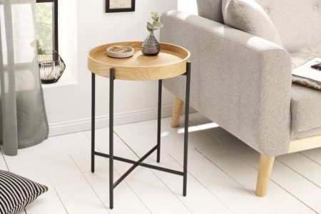 Ronde bijzettafel ELEMENTS 40 cm natuurlijk eiken dienblad metaal zwart nachtkastje - 39712