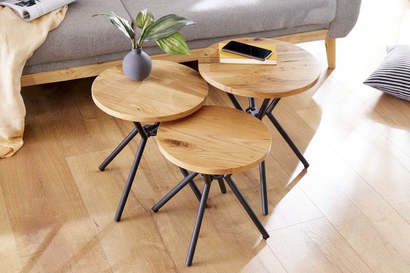 Moderne set van 3 bijzettafels FACTORY 40cm wild eiken industrieel design - 39703