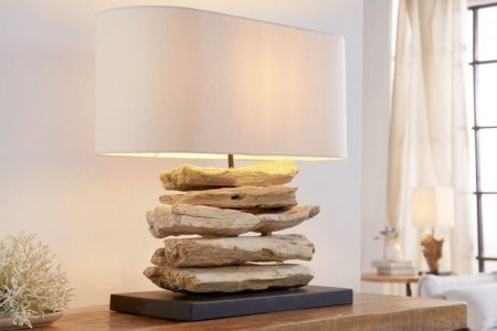 Handgemaakte drijfhoutlamp RIVERINE 55 cm tafellamp met cremekleurige linnen kap - 36786