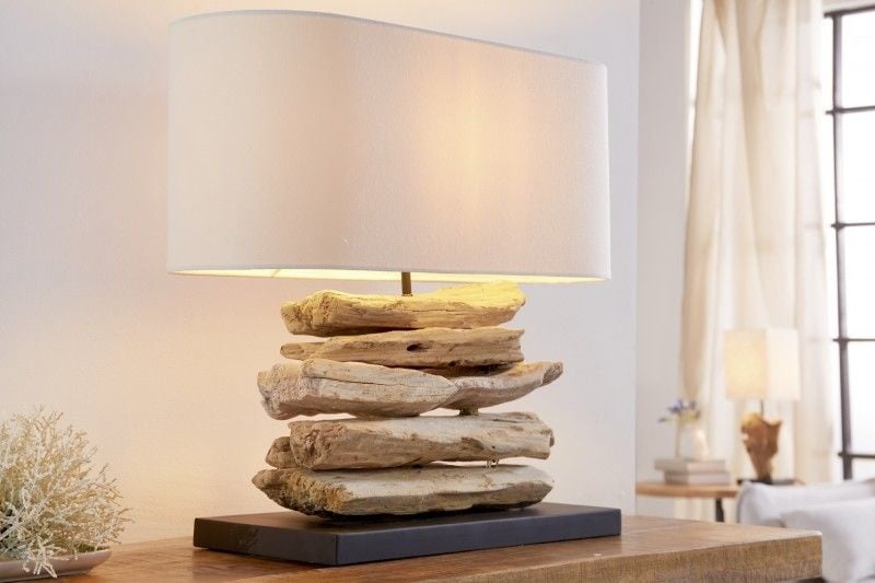 Handgemaakte drijfhoutlamp RIVERINE 55 cm tafellamp met cremekleurige linnen kap - 36786