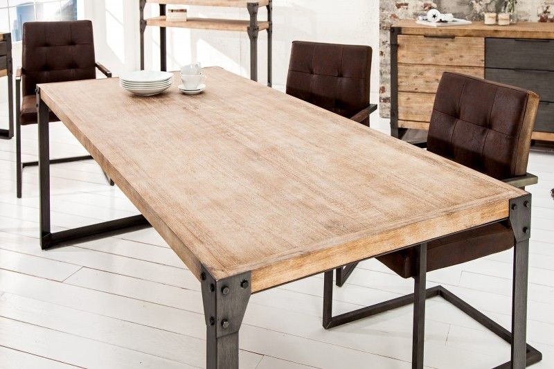 industrieele design eettafel FACTORY 200cm acacia teakgrijs wit gekalkte metalen poten loper - 36770