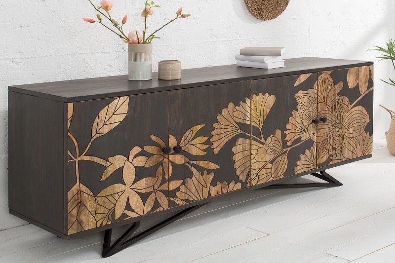 Massives Dressoir JUNGLE 160cm grijs Mangoholz bloemen Design Boho metalen frame - 38727