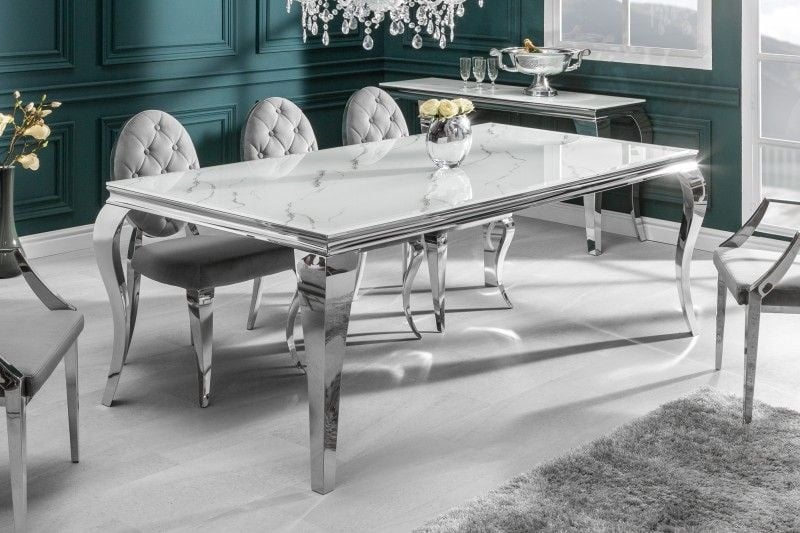 Design eettafel MODERN BAROQUE 200cm wit chroom glasblad marmer roestvrijstalen poten - 39996