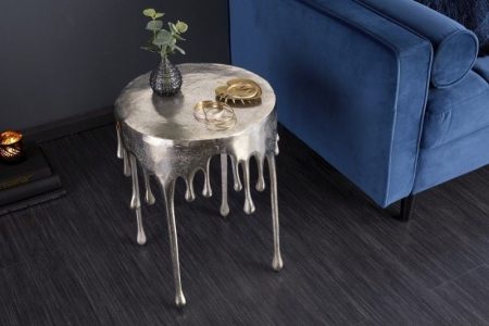 Extravagante bijzettafel LIQUID LINE 50cm zilver traandesign metaal aluminium rond - 39883