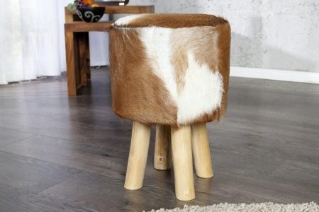 Design kruk HIDE 45cm bruin wit met geitenleer en teak - 35441