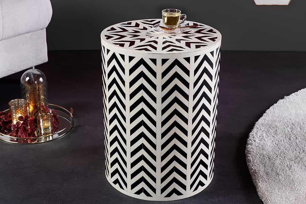 Bijzettafel met beeninleg HARMONY NATURE 45cm rond wit zwart ingelegd handwerk - 43660