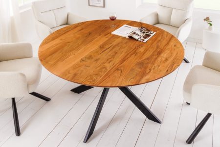 Massief houten eettafel GALAXIE 130cm rond naturel acacia zwart metalen frame - 42373