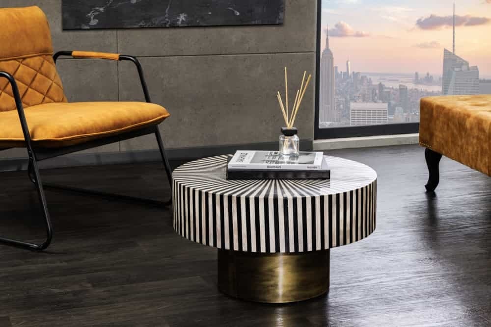 Salontafel met beeninleg HARMONY NATURE 60cm rond zwart wit goud ingelegd handwerk - 42800