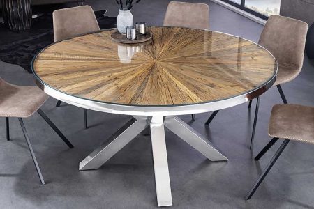 Ronde eettafel BARRACUDA 120cm bruin teak massief hout glazen blad zilver roestvrij staal verchroomd - 43622