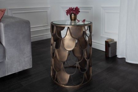 industrieele bijzettafel ABSTRACT 55cm antiek messing metaal visschub design rond glas - 40111