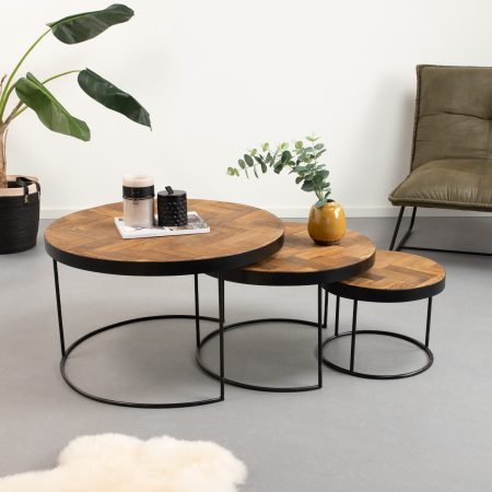 Sohome Salontafel 'Hawaii' Set van 3 stuks, Visgraat Teak en staal