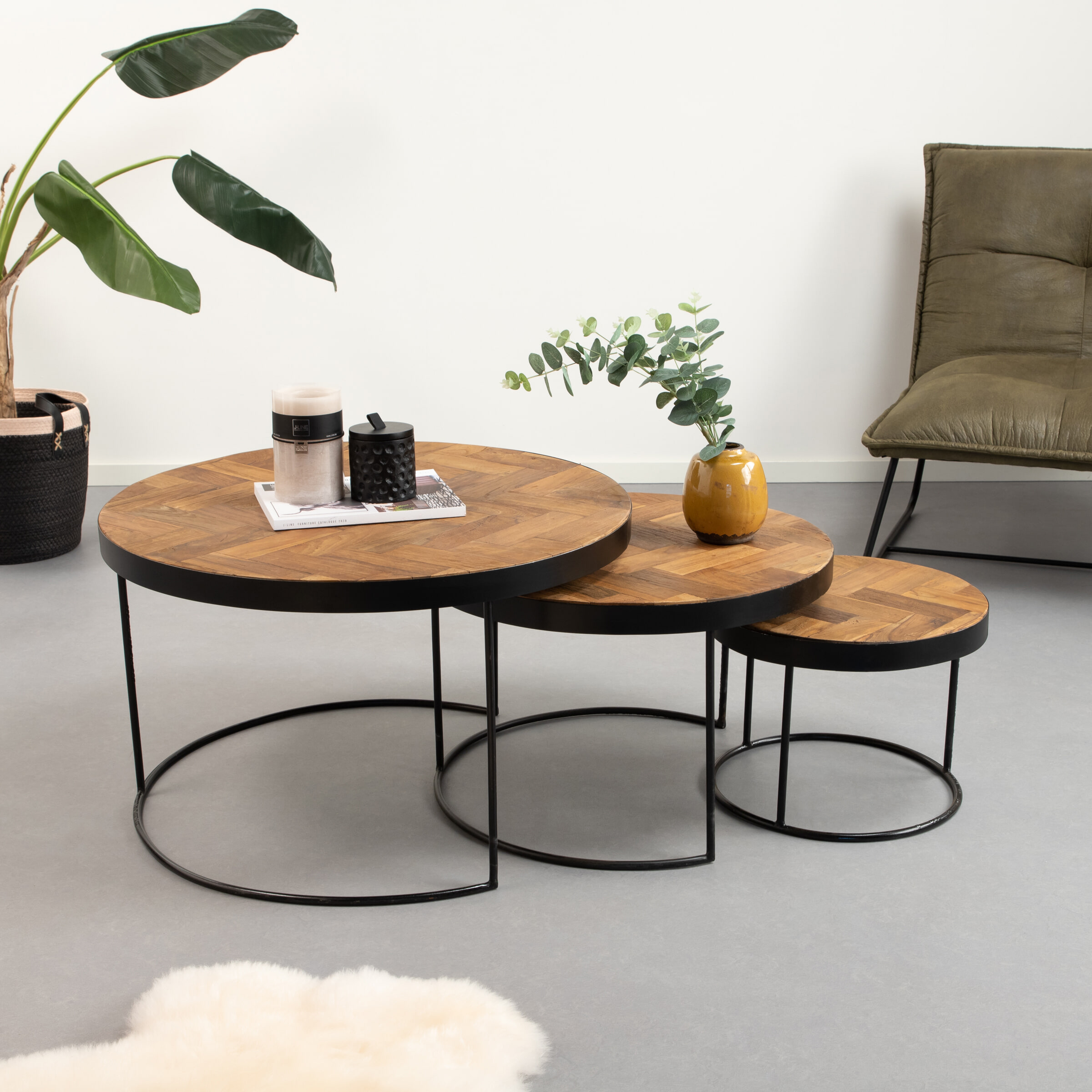 Sohome Salontafel 'Hawaii' Set van 3 stuks, Visgraat Teak en staal