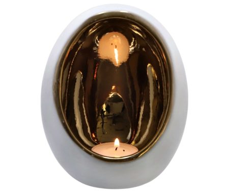 Theelichthouder pim large goud/wit aardewerk 11,5x15 cm