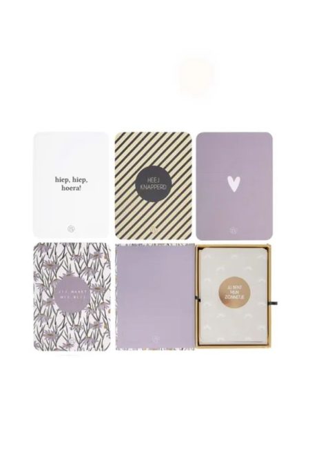 Zusss doosje met 12 ansichtkaarten lila/wit